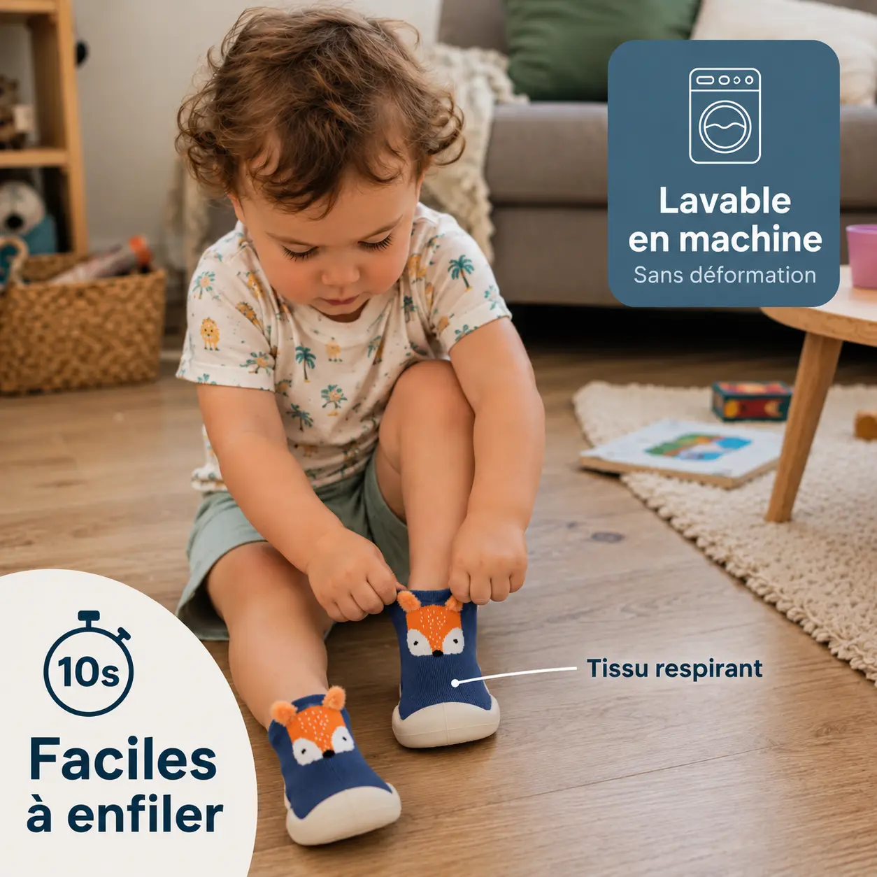 Faciles à enfiler en dix secondes et lavables en machine