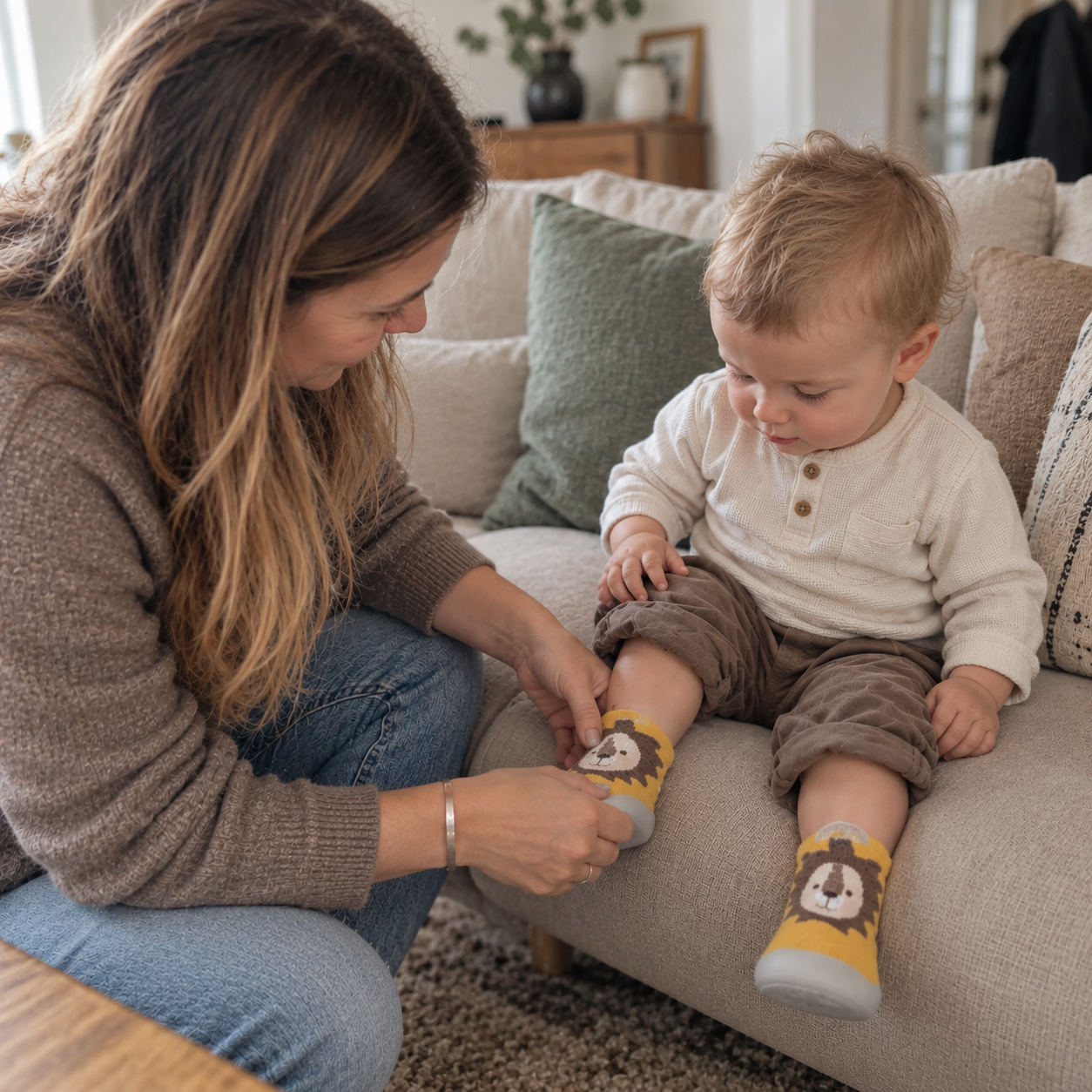 Un parent enfile facilement la chaussure-chaussette Petit Gardien à son enfant